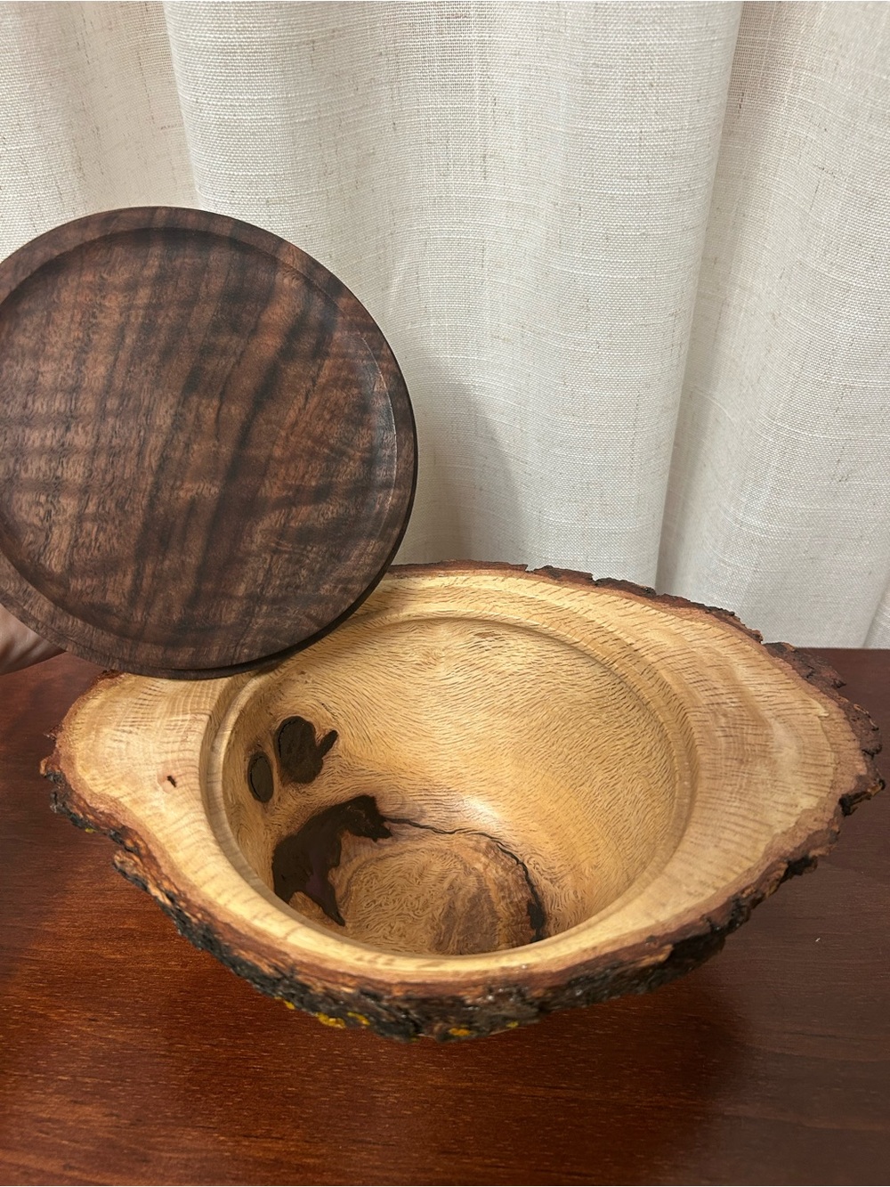 Handcrafted Oak Burl Bowl with Walnut Lid Live Edge Artisan Woodworking Decor - Picture 6 of 10